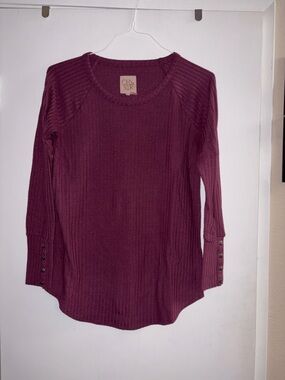 Chaser Burgundy Ribbed Knit Top w/ Button Sleeve Detail